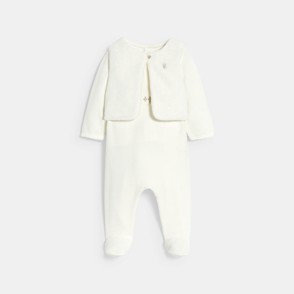 طقم نوم مخملي أبيض اللون للفتيان الرضع، مع صدرية بدون أكمام من قماش البوا الناعم